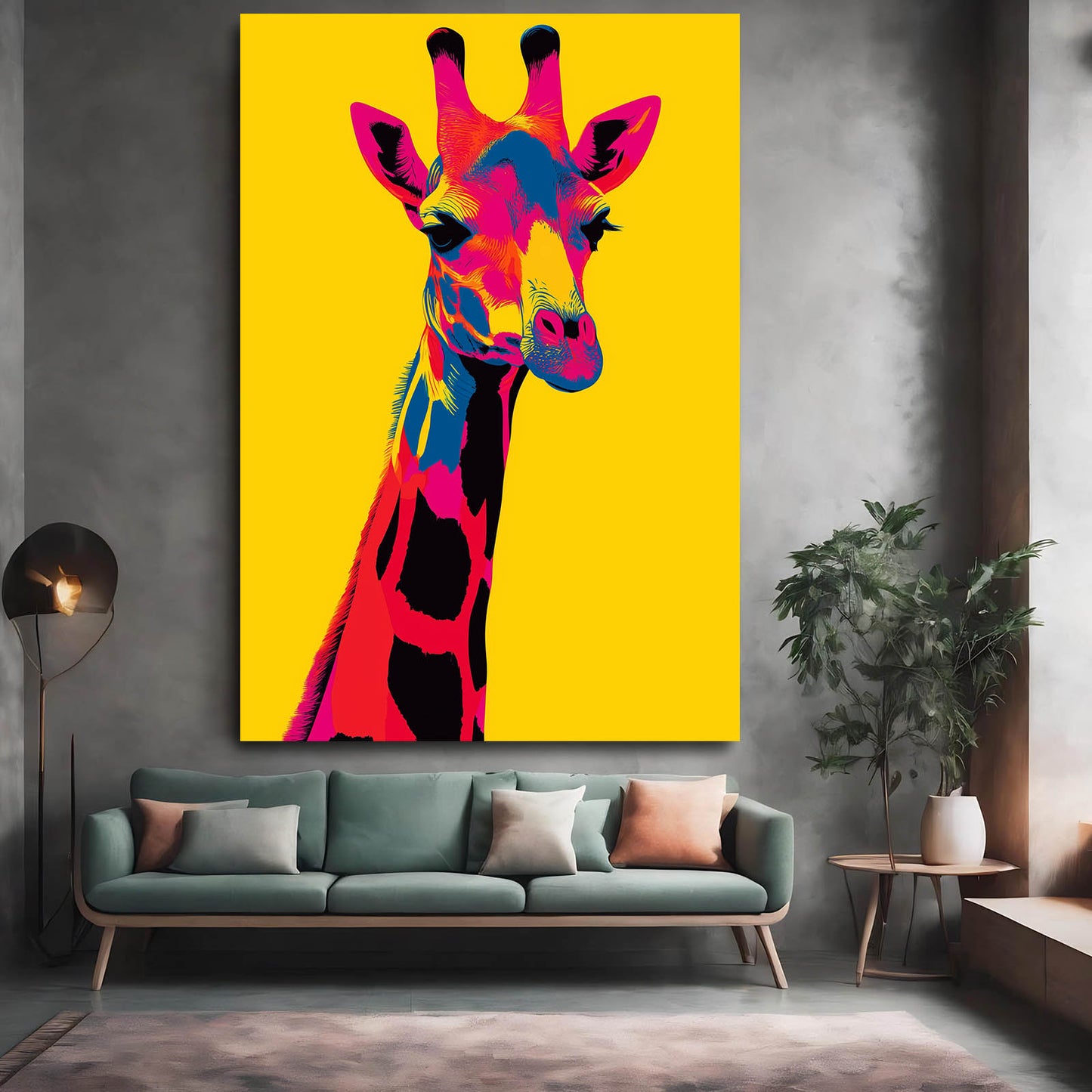 Colorful giraffe painting on a yellow background in a living room setting.