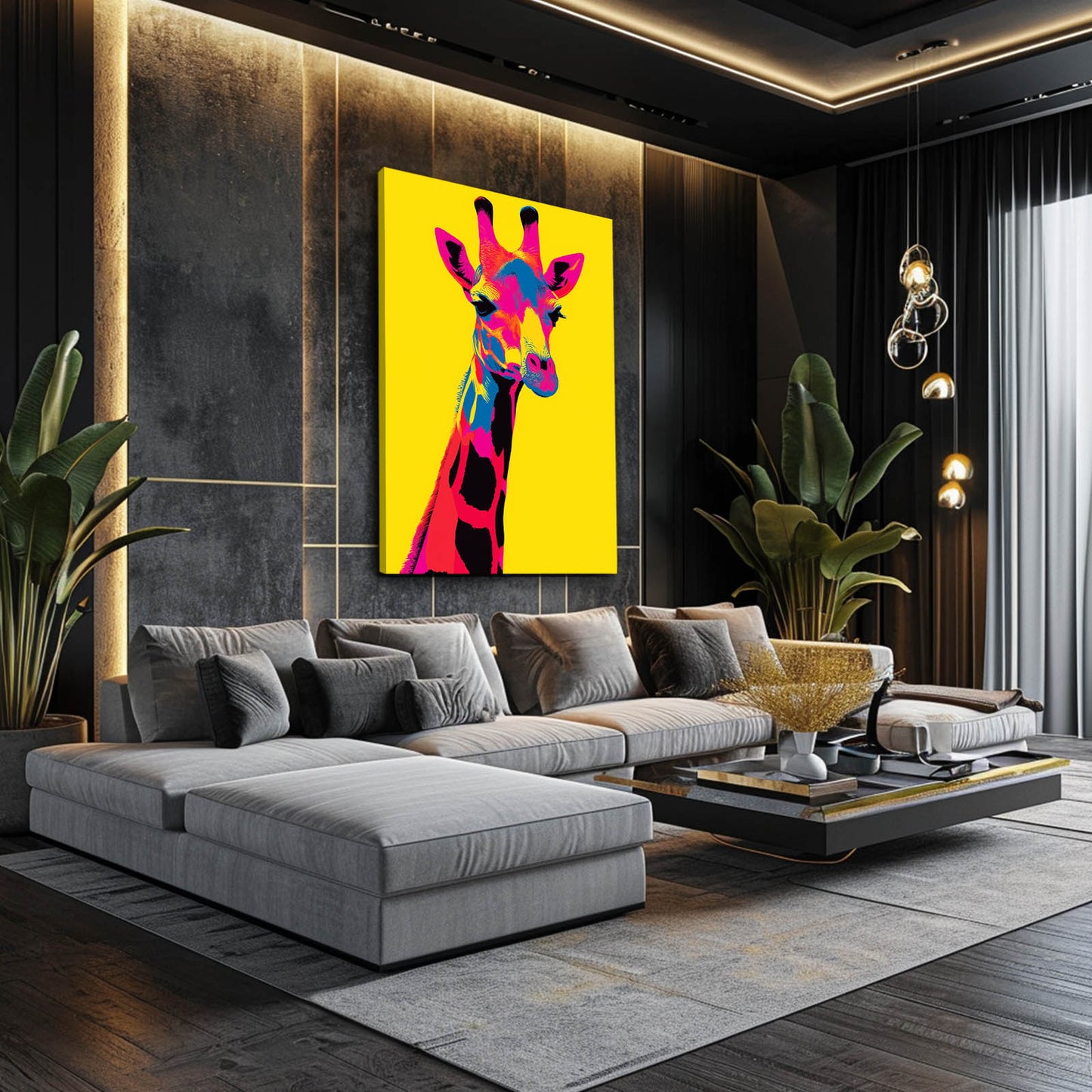 Modern living room with a colorful giraffe painting on the wall