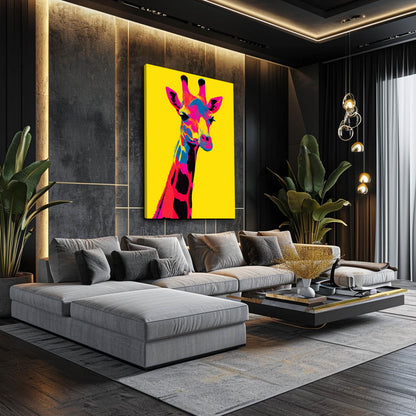 Modern living room with a colorful giraffe painting on the wall