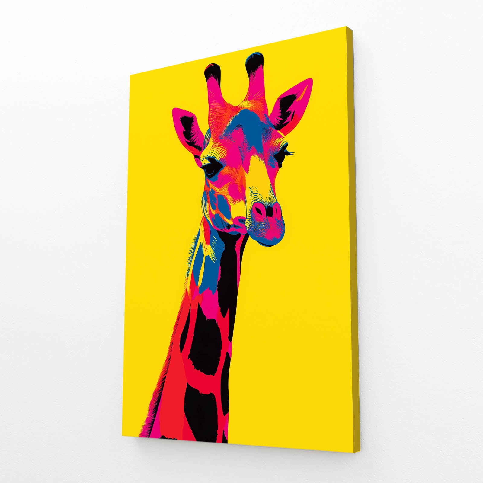 Colorful giraffe painting on a yellow background