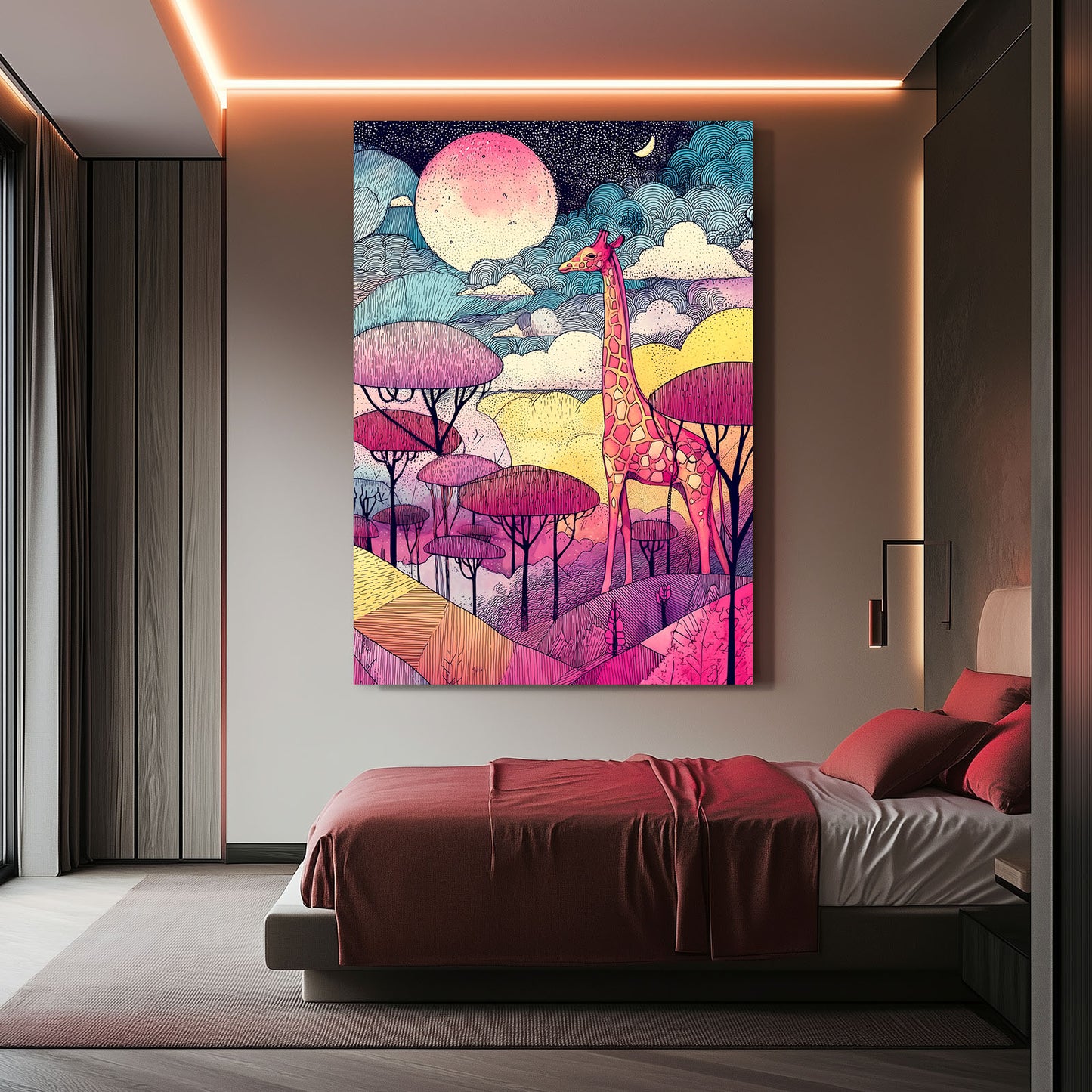 Colorful abstract painting of a giraffe in a bedroom setting