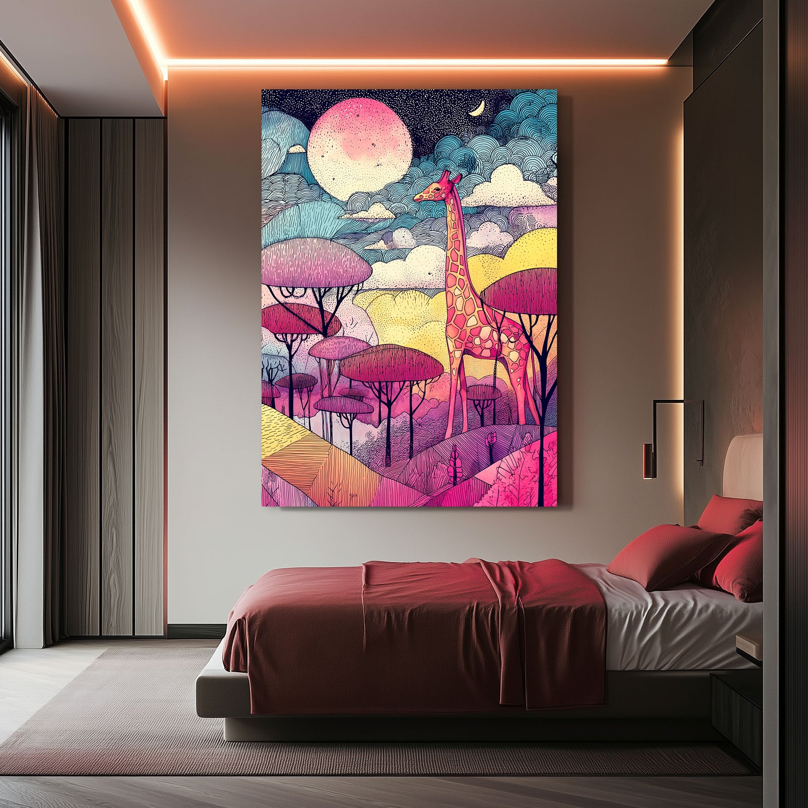 Colorful abstract painting of a giraffe in a bedroom setting