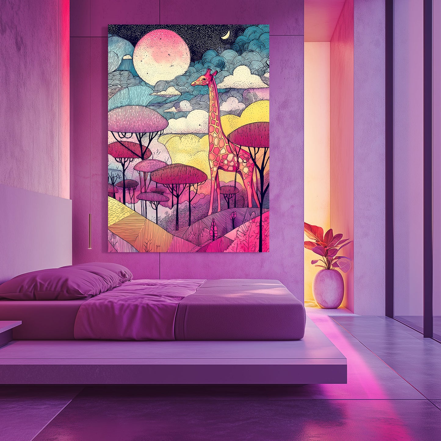 Modern bedroom with a colorful abstract painting of a giraffe and trees on a purple wall.