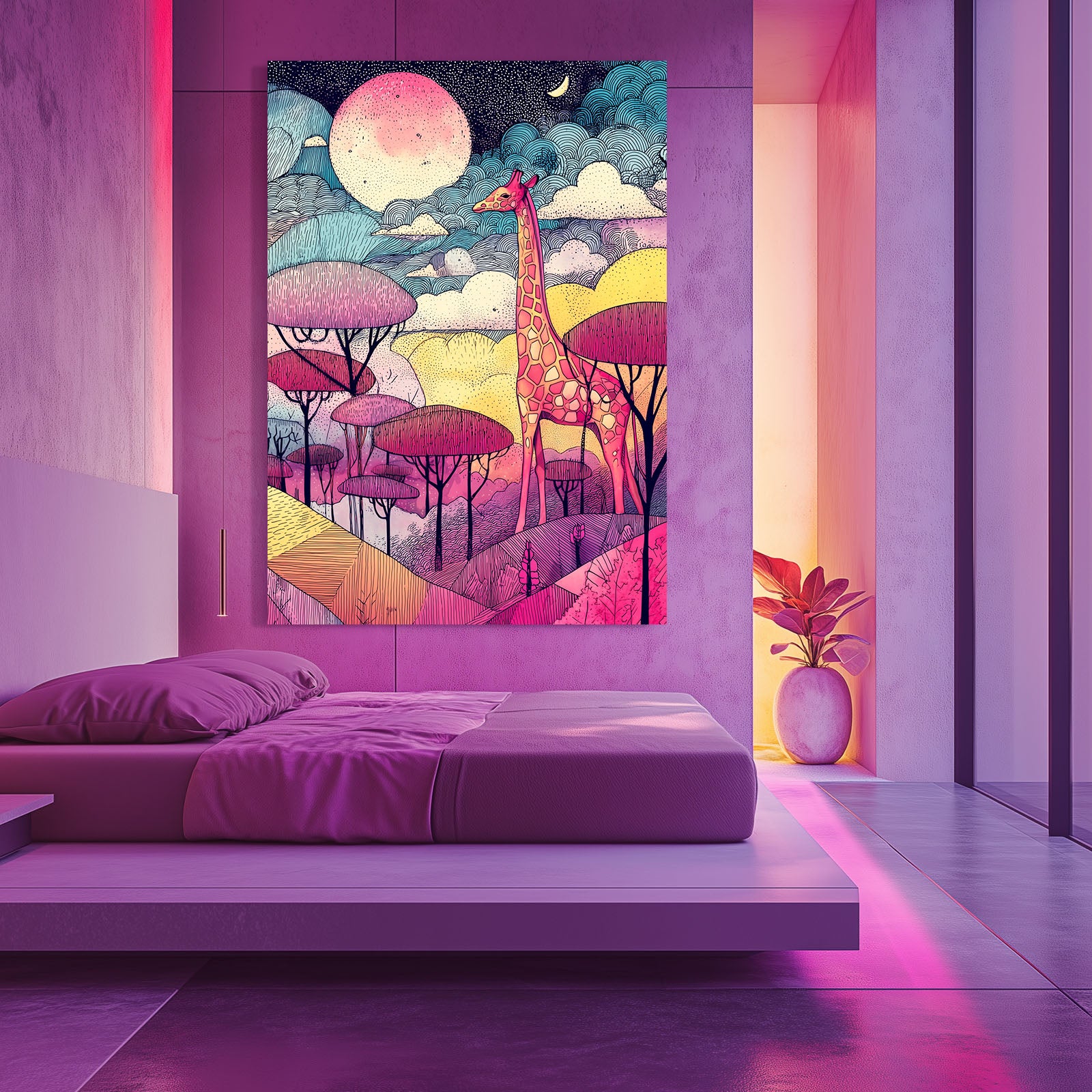 Modern bedroom with a colorful abstract painting of a giraffe and trees on a purple wall.