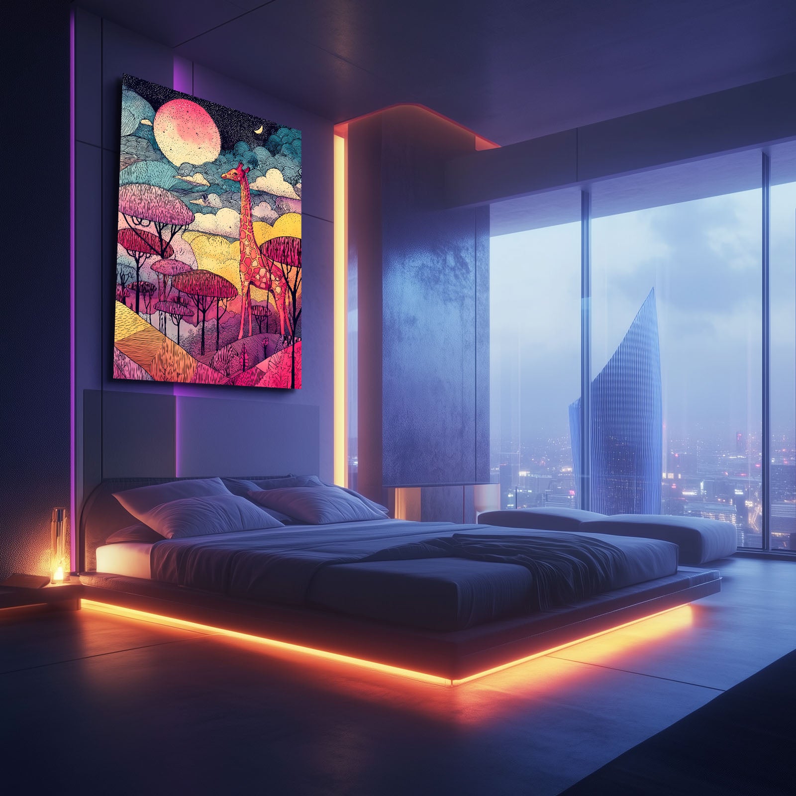 Modern bedroom with neon lighting and a colorful wall art piece.
