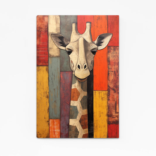 Colorful abstract painting of a giraffe head on a striped background