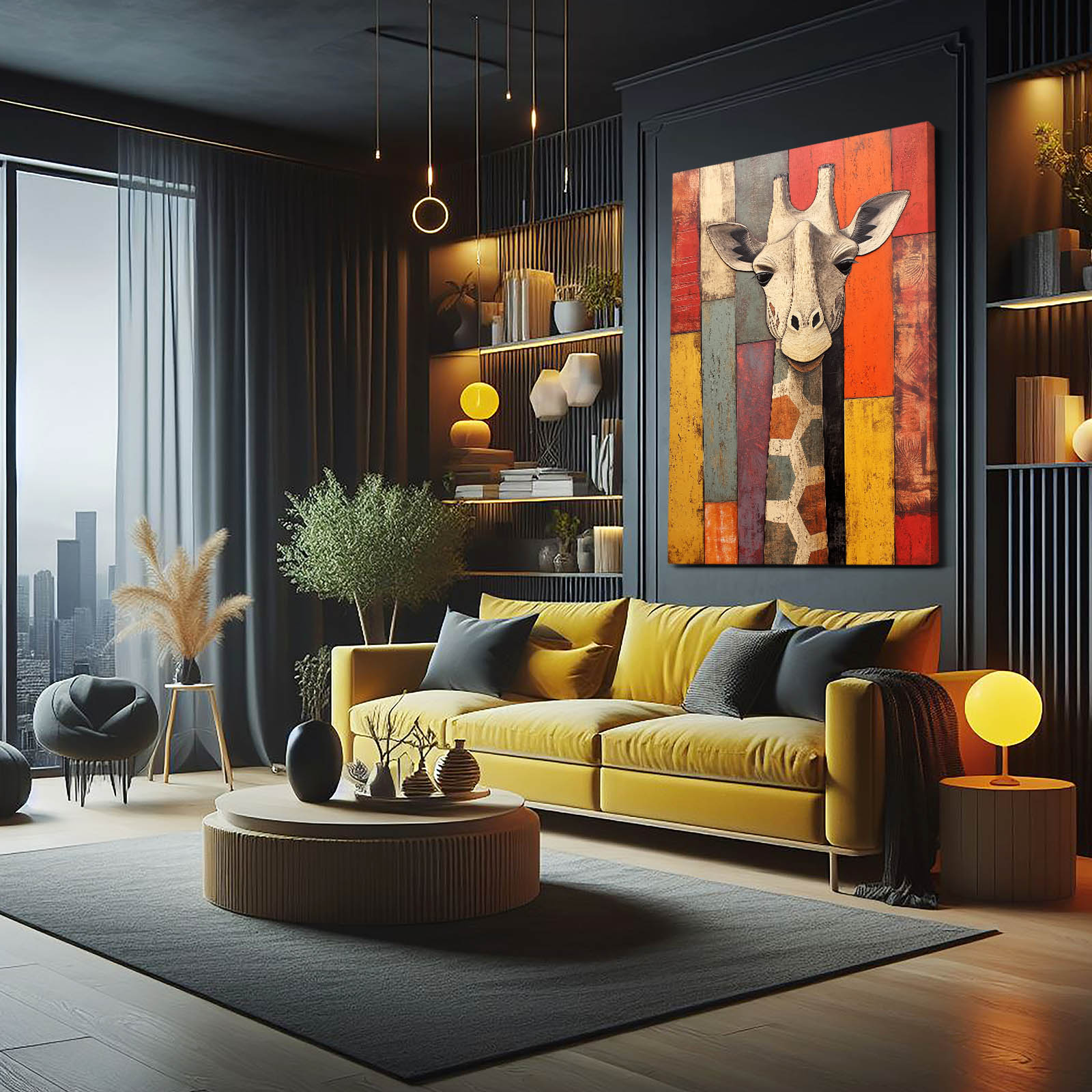 Modern living room with yellow sofa, colorful abstract painting, and decorative elements.