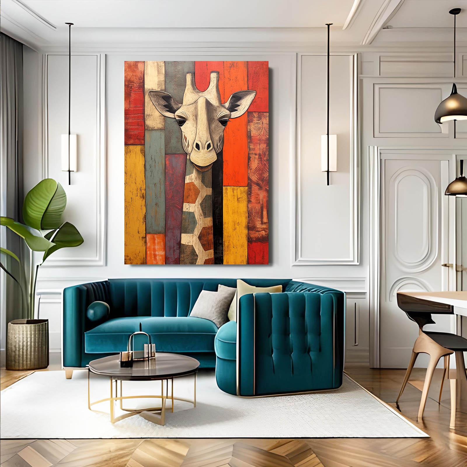 Modern living room with a teal sofa, colorful abstract giraffe painting, and decorative items.