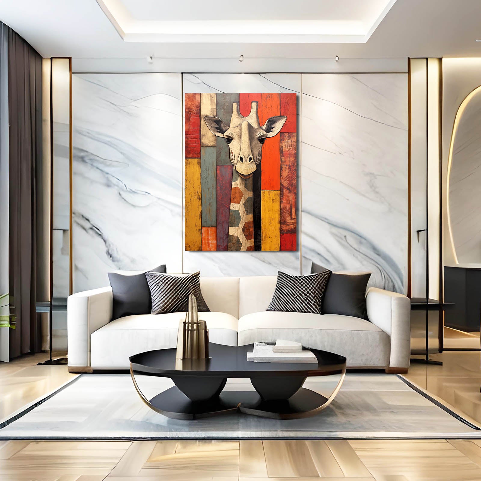 Modern living room with a white sofa, abstract giraffe painting, and marble wall.