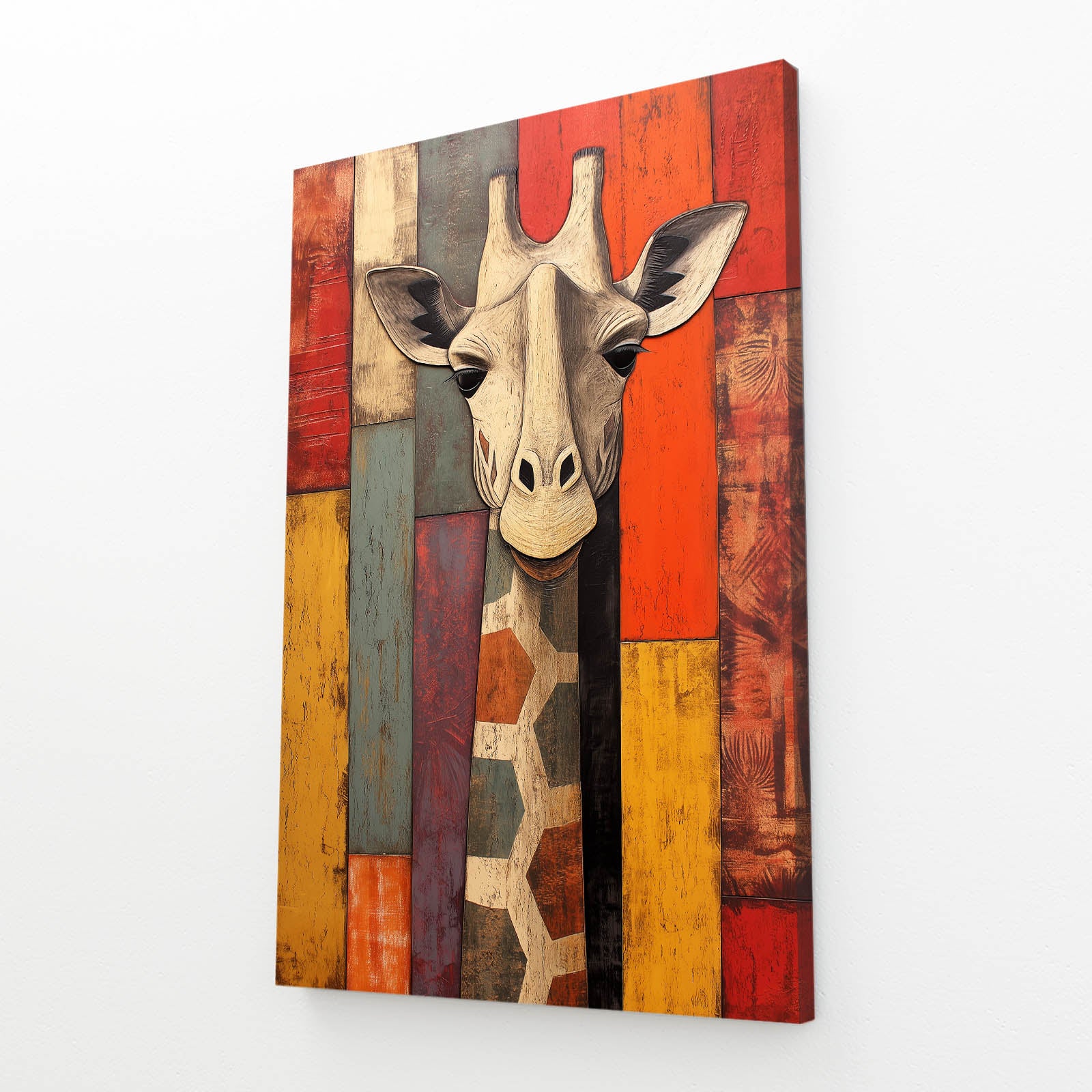 Wooden giraffe wall art with a multicolored striped background