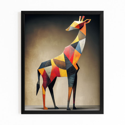 Colorful geometric giraffe art print on a beige background