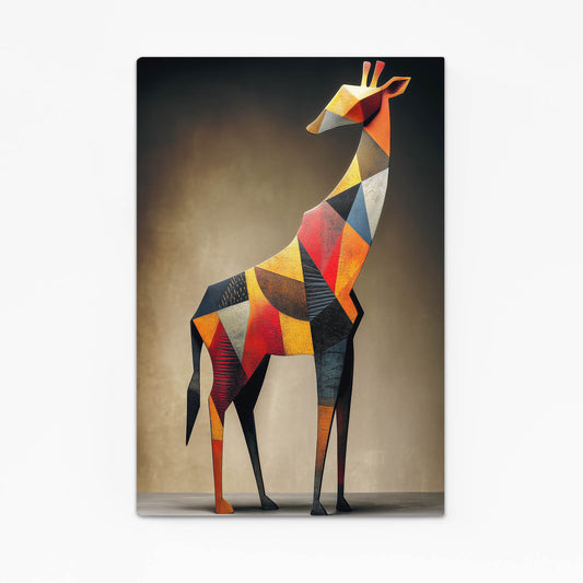 Colorful geometric giraffe design on a beige background