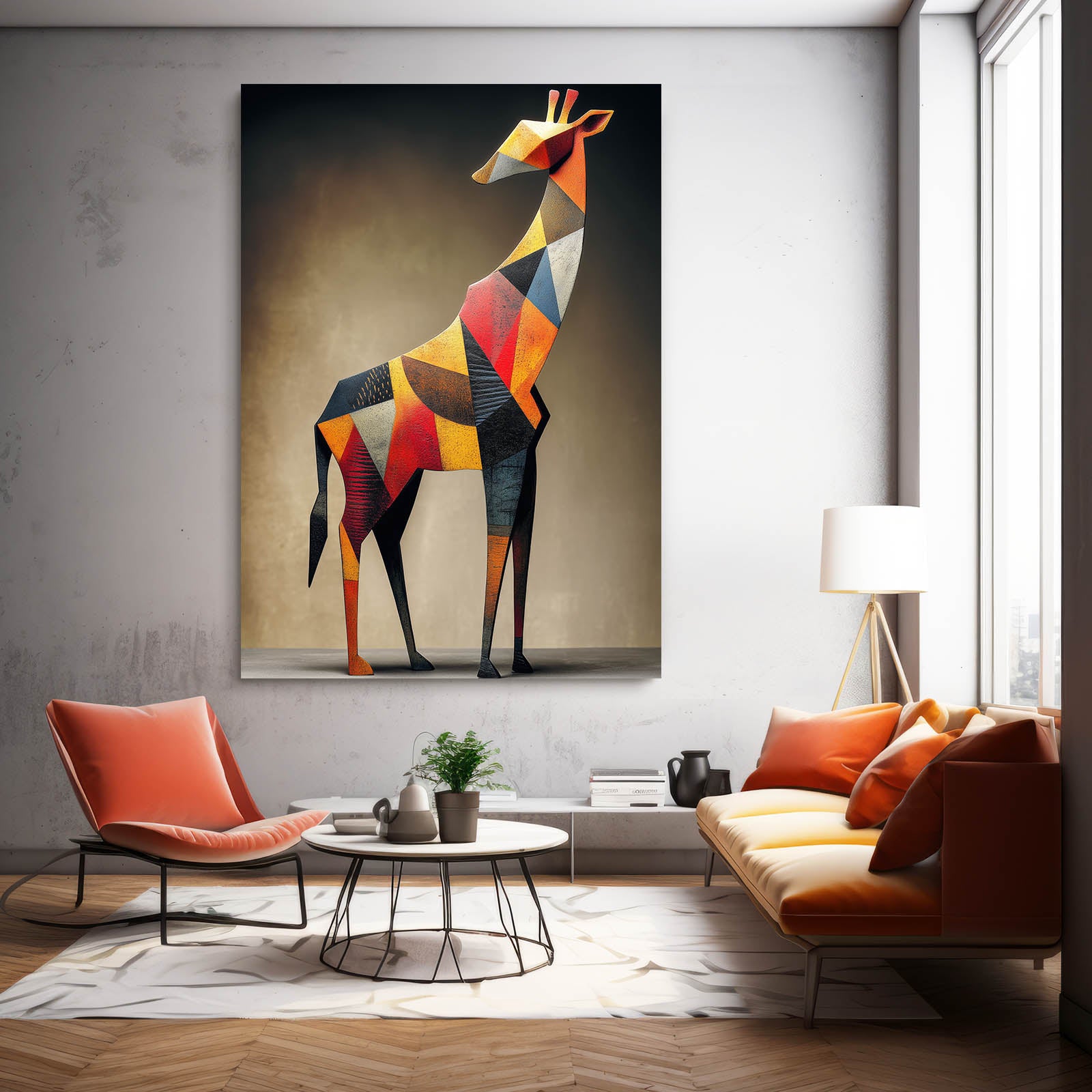 Modern living room with a geometric deer painting on the wall.