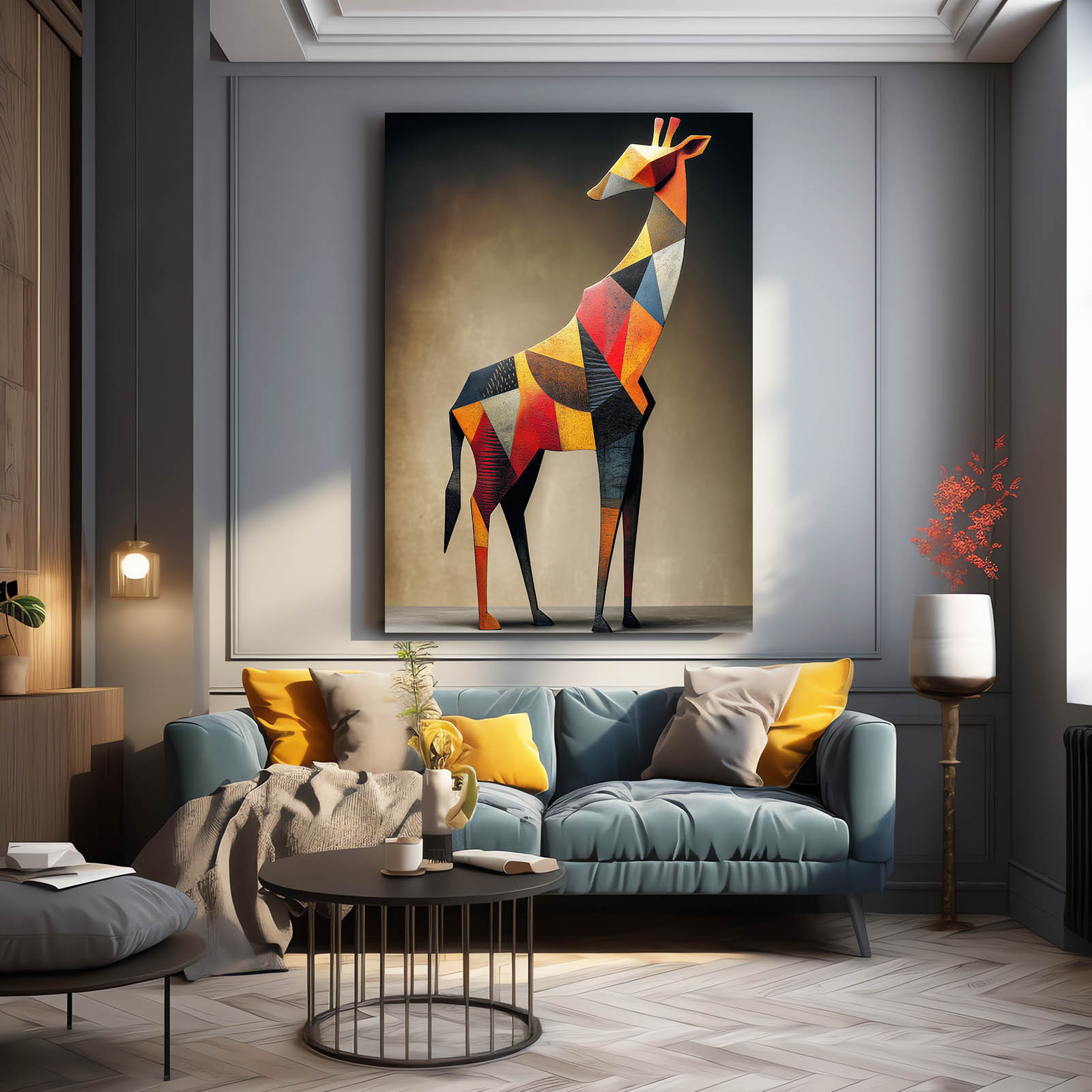 Modern living room with a colorful geometric deer painting on the wall.