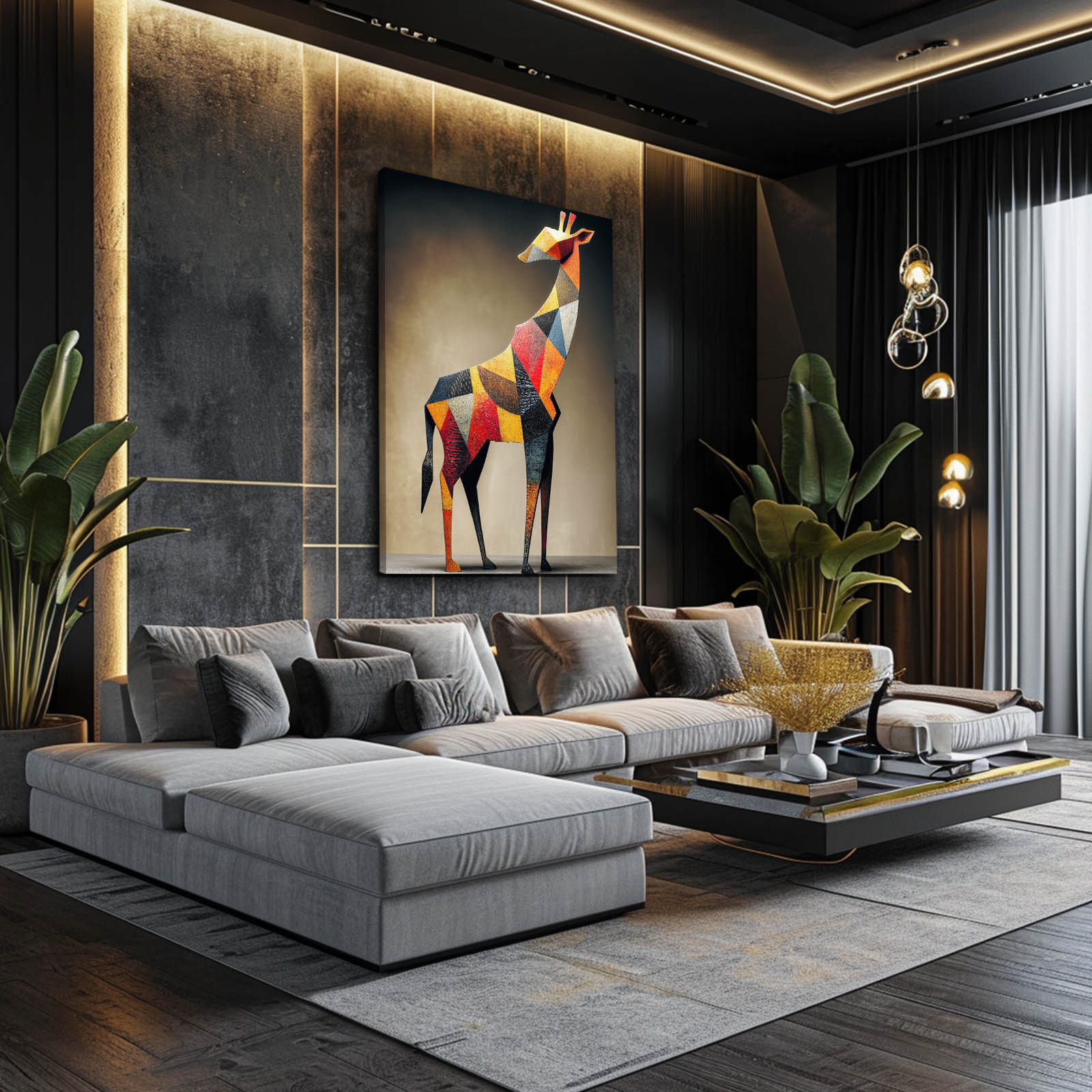 Modern living room with a gray sectional sofa, geometric deer painting, and decorative elements.