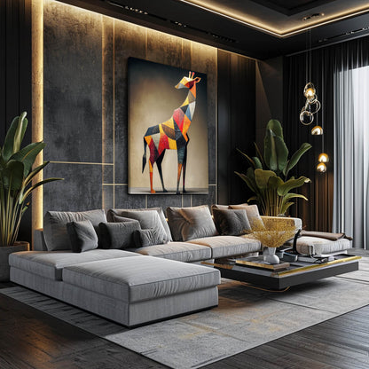 Modern living room with a gray sectional sofa, geometric deer painting, and decorative elements.