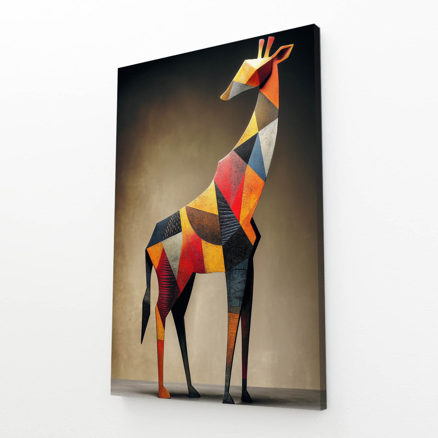 Colorful geometric giraffe art print on a white background
