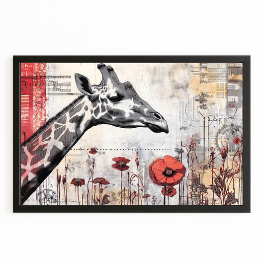 Framed artwork with a giraffe and floral design on a textured background