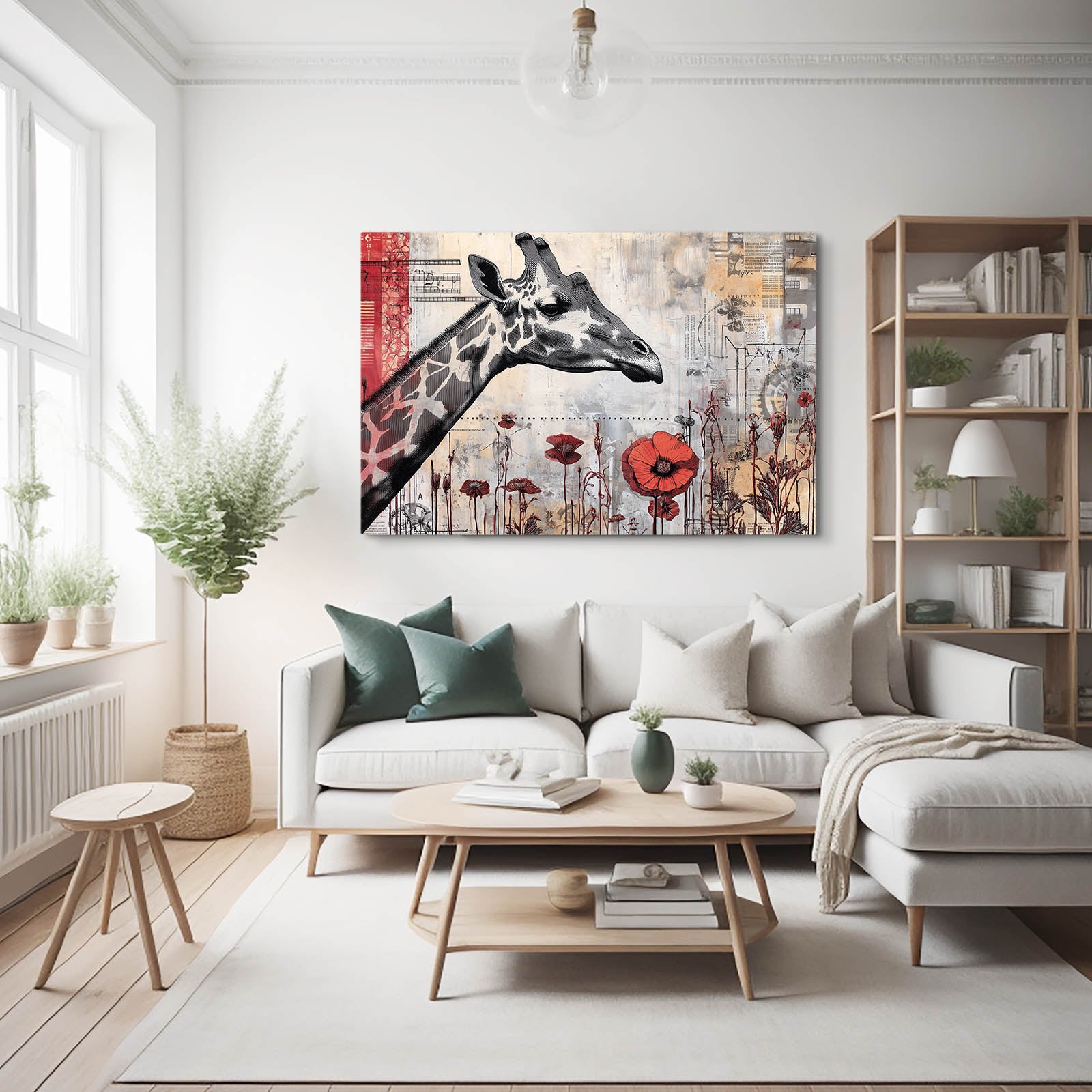 Modern living room with a giraffe painting on the wall, a sofa, coffee table, and bookshelf.