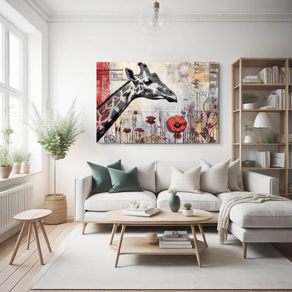 Modern living room with a giraffe painting on the wall, a sofa, coffee table, and bookshelf.