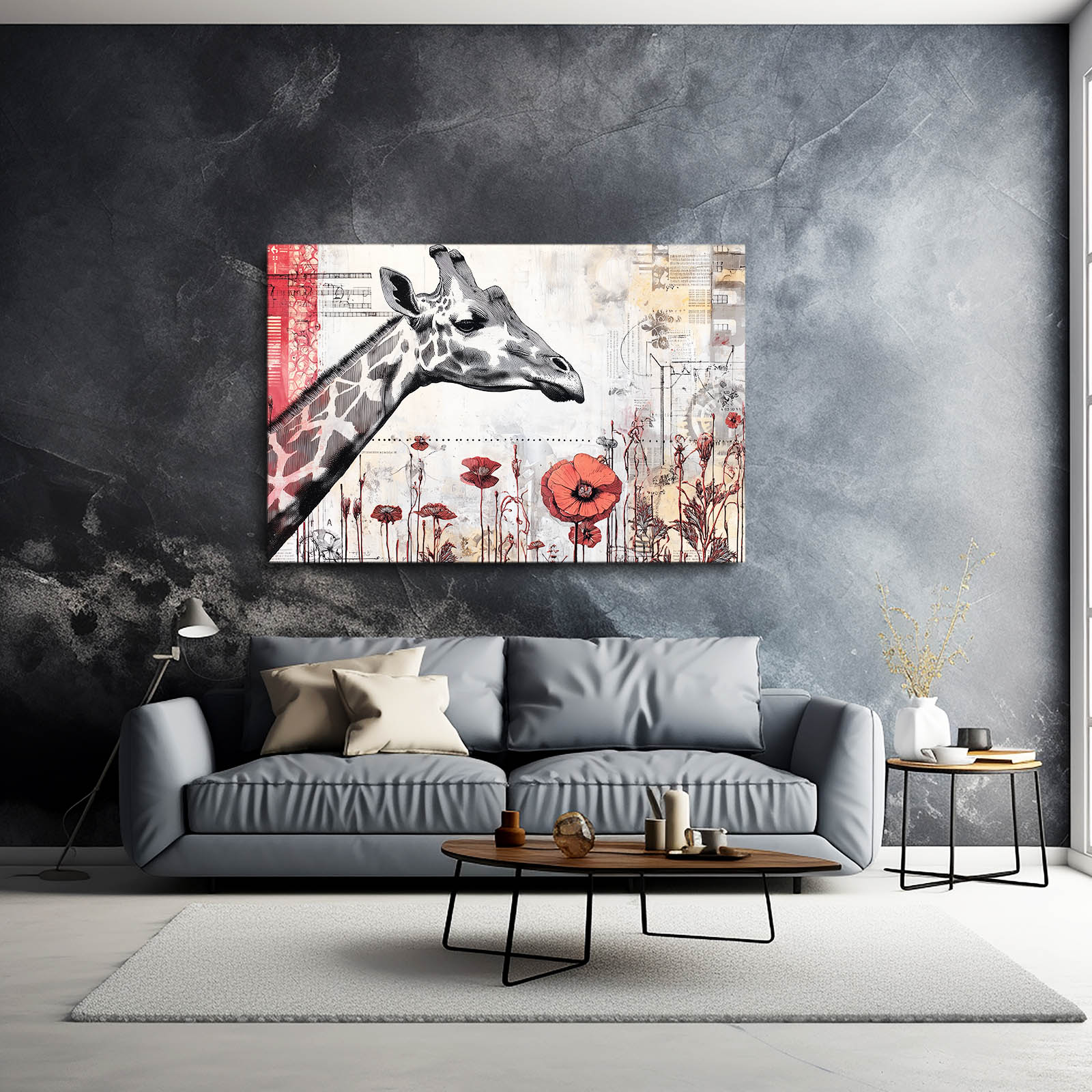 Living room with a gray sofa, coffee table, and decorative wall art featuring a giraffe and floral elements.