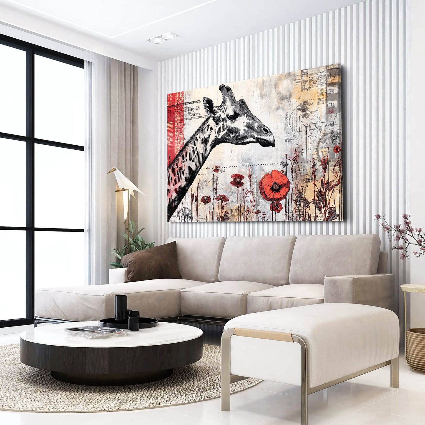 Modern living room with a large giraffe painting on the wall above a sofa.