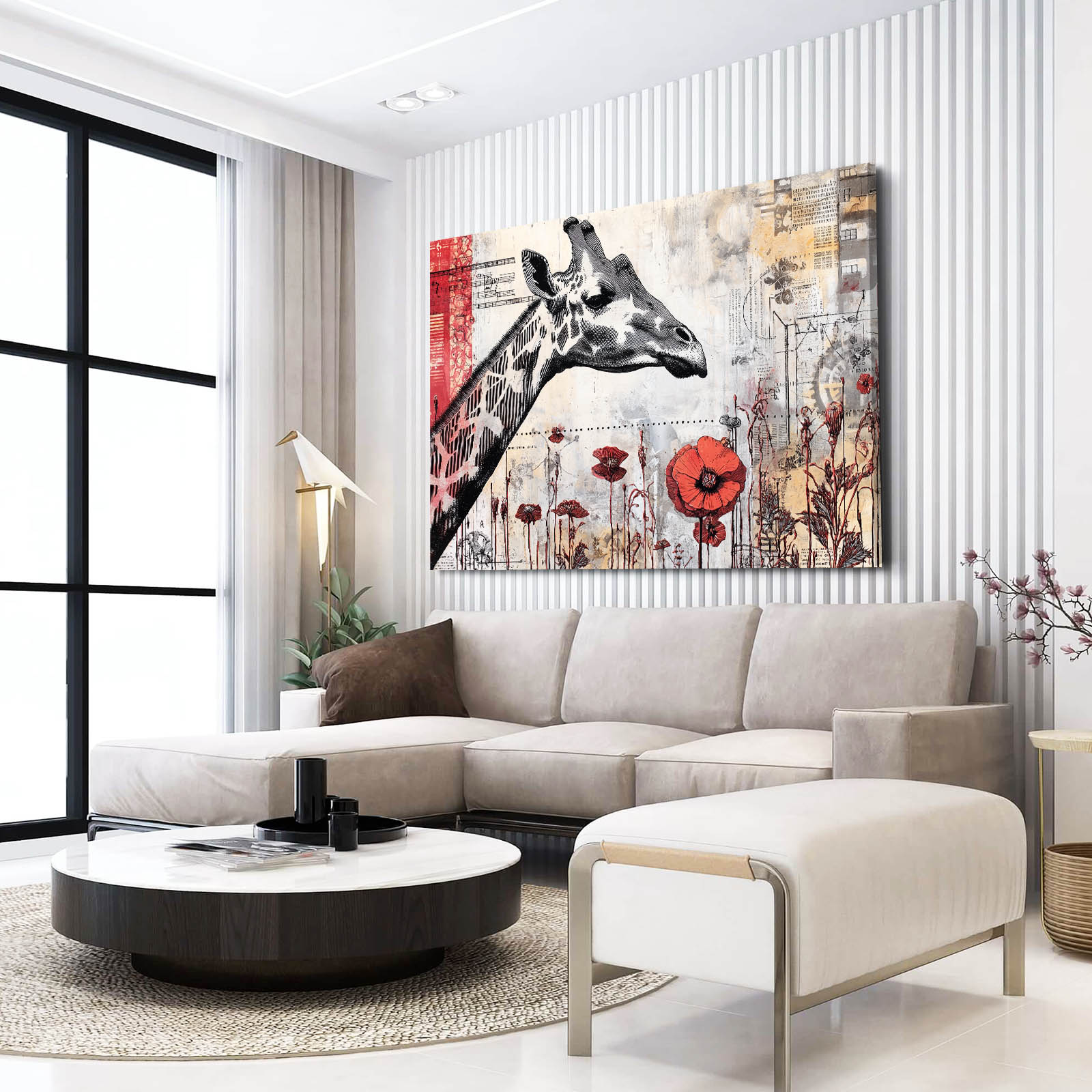 Modern living room with a large giraffe painting on the wall above a sofa.
