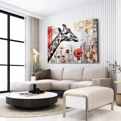 Modern living room with a large giraffe painting on the wall above a sofa.