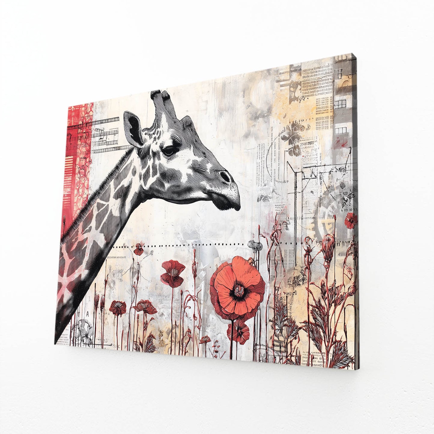 Giraffe painting with flowers and abstract elements on a white background