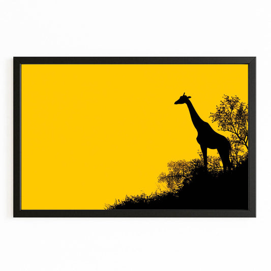 Silhouette of a giraffe against a yellow background with a black frame.
