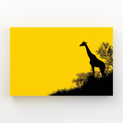 Silhouette of a giraffe against a yellow background with a tree on a white wall.