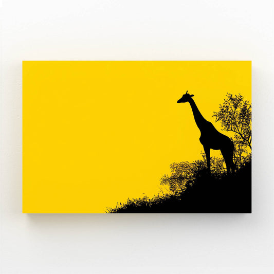 Silhouette of a giraffe against a yellow background with a tree on a white wall.