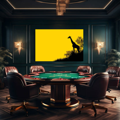 Casino-style room with poker table and chairs, giraffe painting on wall