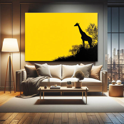 Living room with a large painting of a giraffe on a yellow background