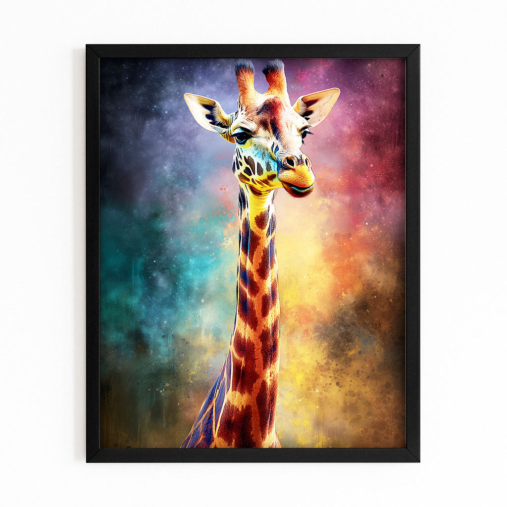 Framed artwork of a giraffe with a colorful, abstract background