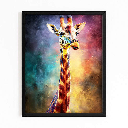 Framed artwork of a giraffe with a colorful, abstract background