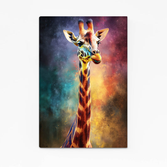 Giraffe against a colorful cosmic background