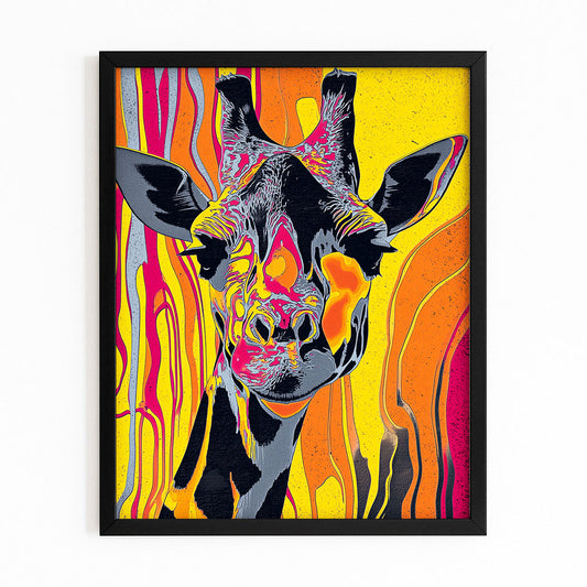 Framed artwork of a giraffe with a colorful abstract design on a white background
