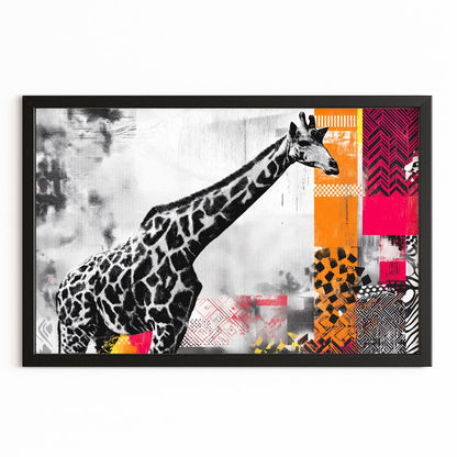 Framed artwork of a giraffe with colorful abstract patterns on a white background