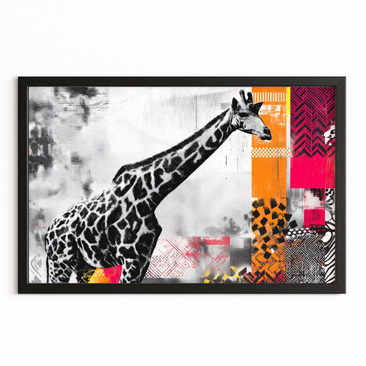 Framed artwork of a giraffe with colorful abstract patterns on a white background