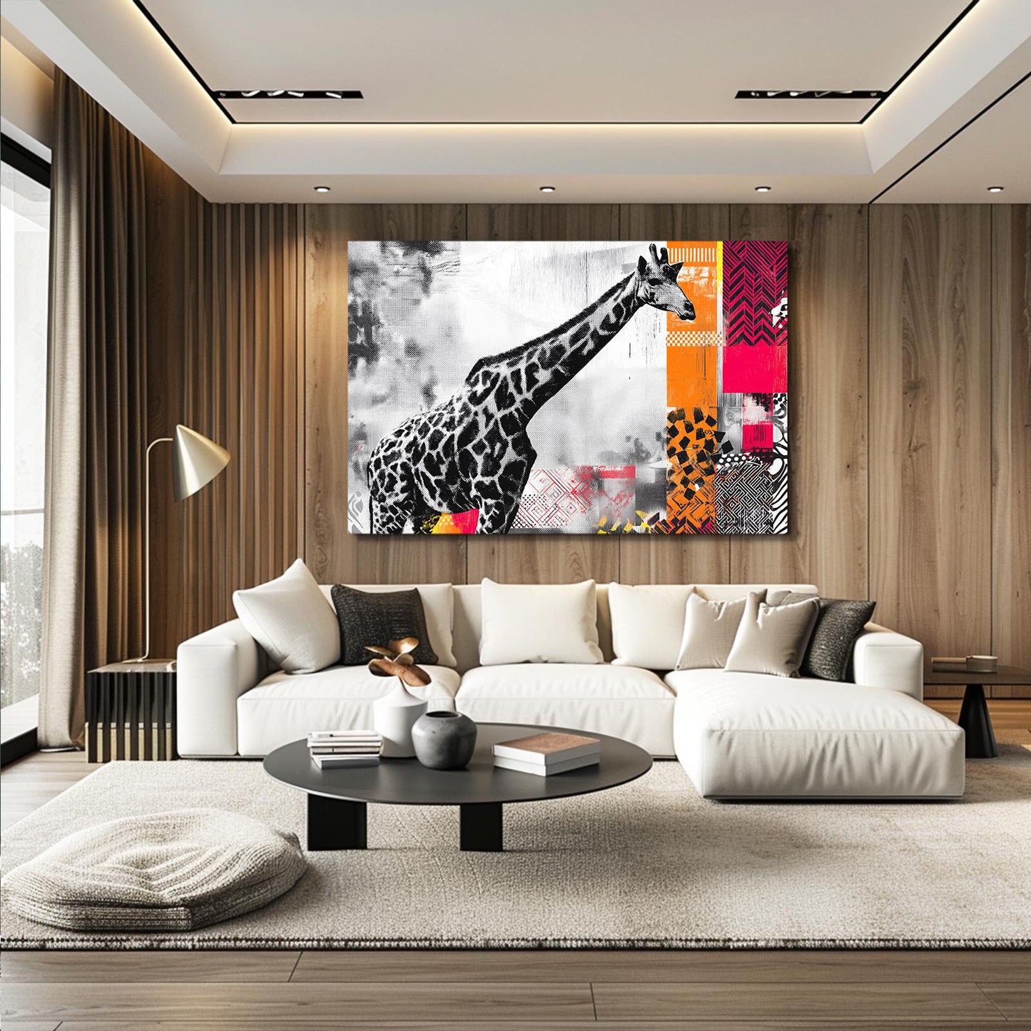 Modern living room with a large abstract painting of a giraffe on the wall.