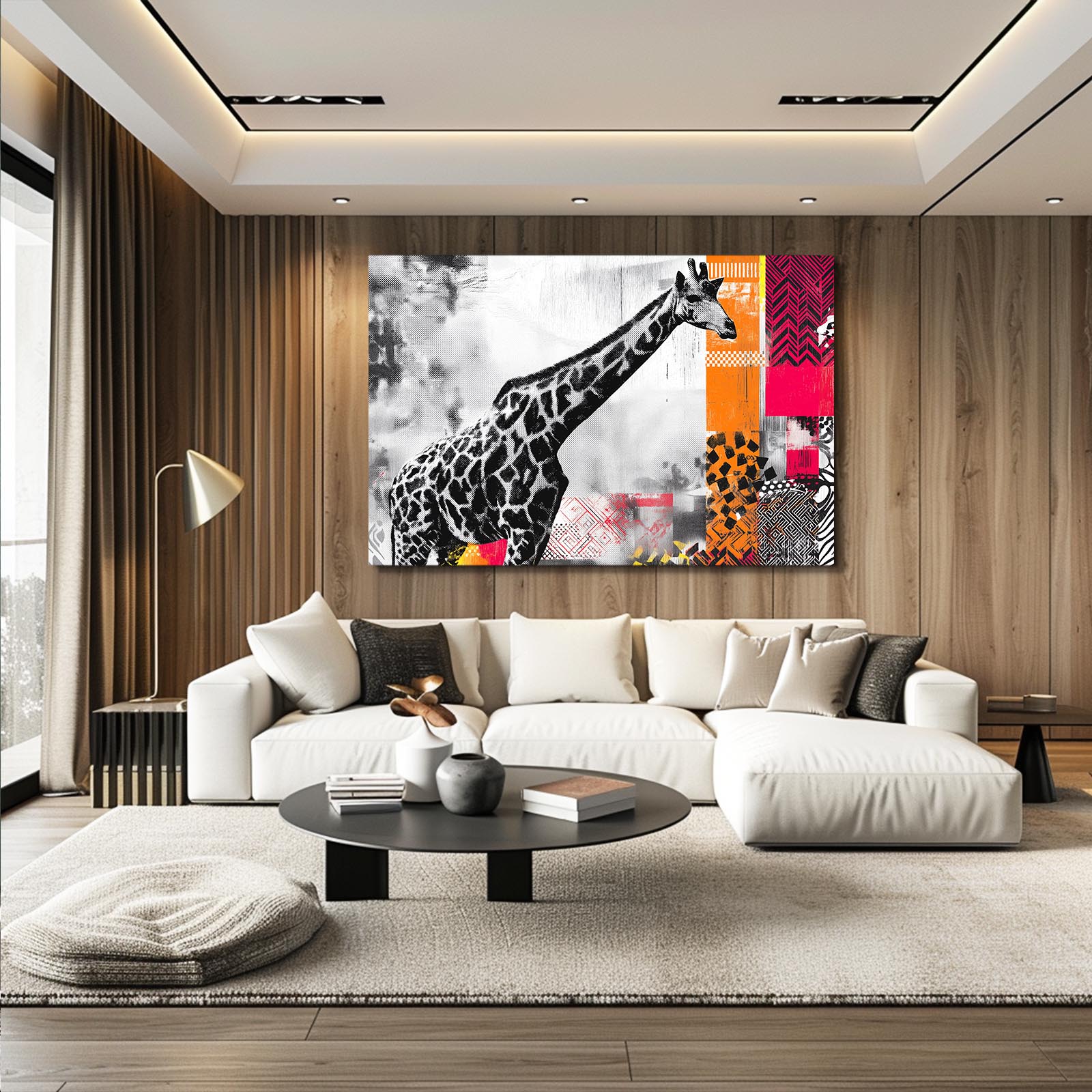 Modern living room with a large abstract painting of a giraffe on the wall.