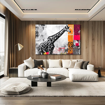 Modern living room with a large abstract painting of a giraffe on the wall.