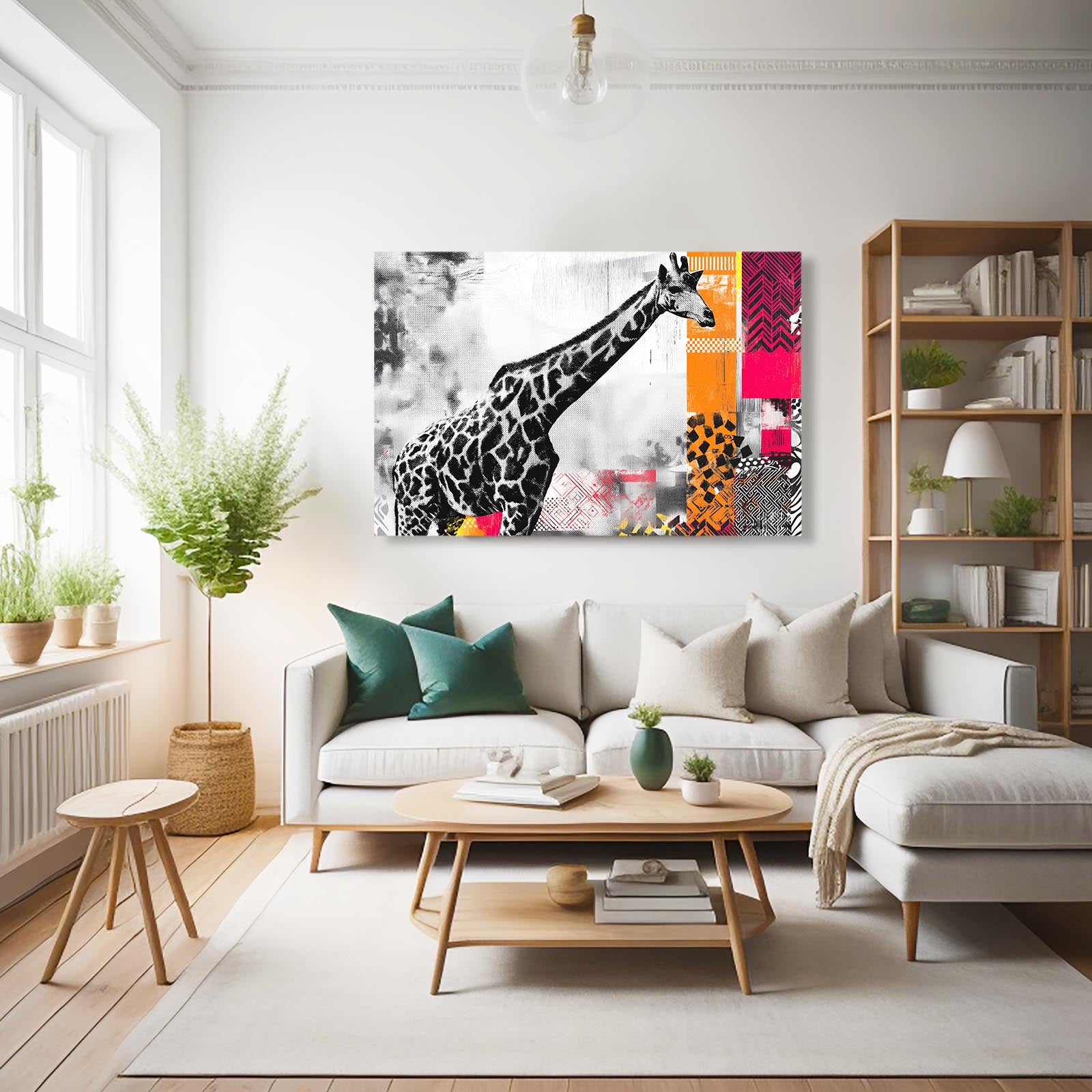 Modern living room with a sofa, coffee table, and decorative wall art of a giraffe.