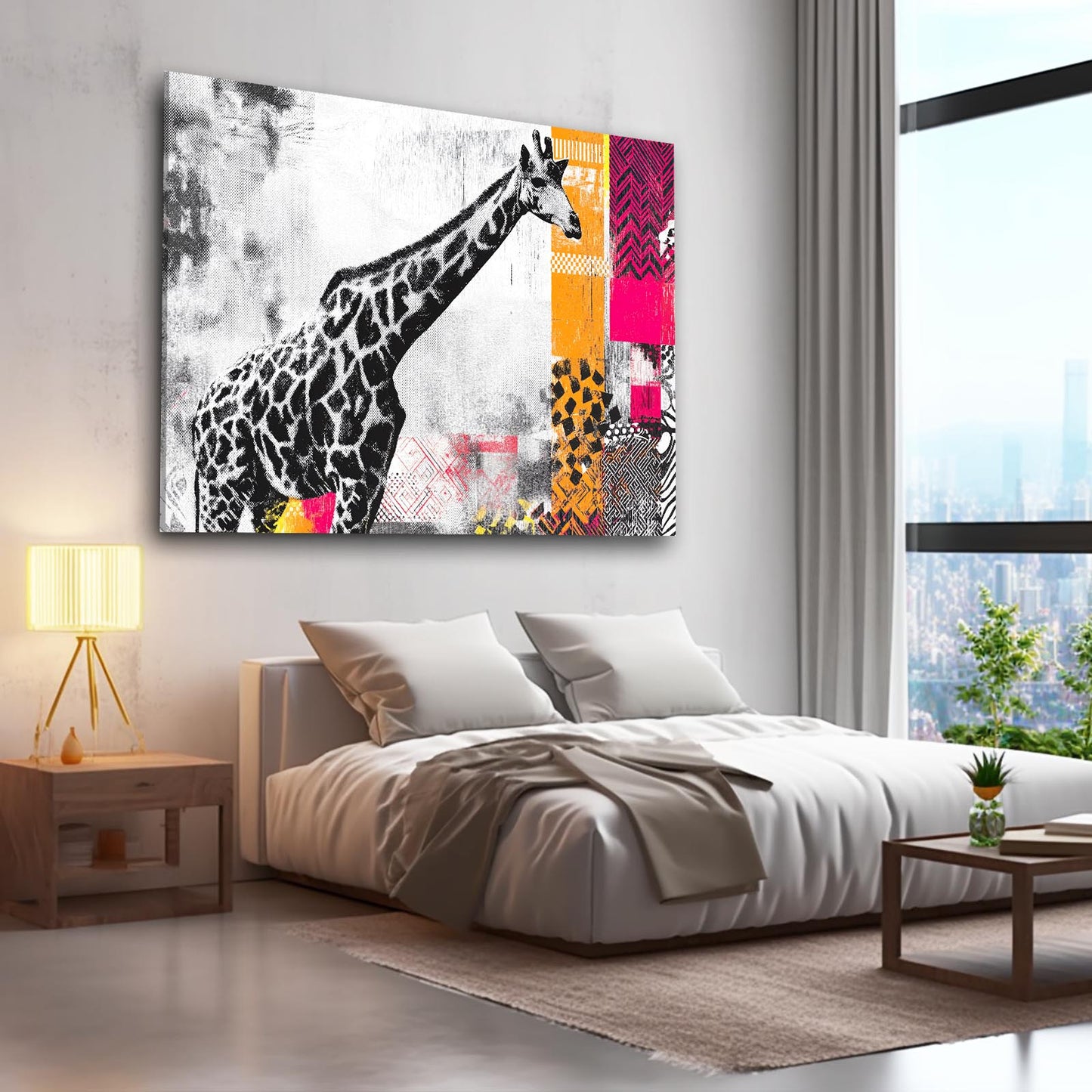 Modern bedroom with a large abstract painting of a giraffe on the wall.