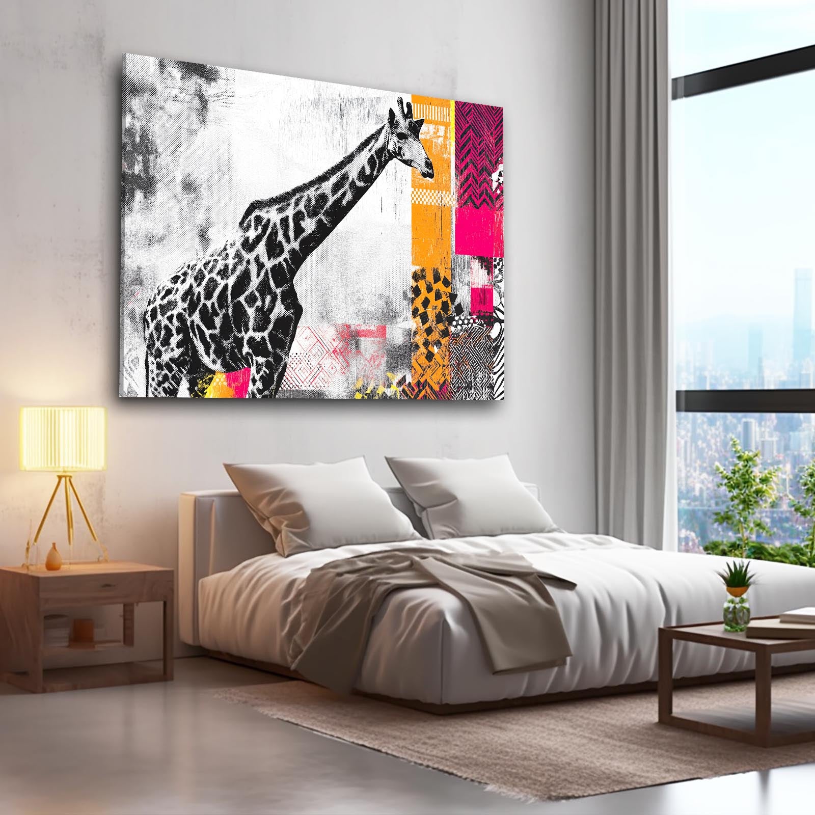 Modern bedroom with a large abstract painting of a giraffe on the wall.