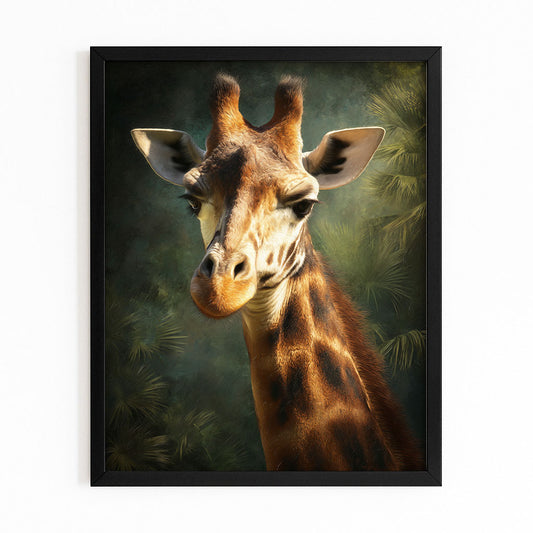 Framed artwork of a giraffe with a dark green background