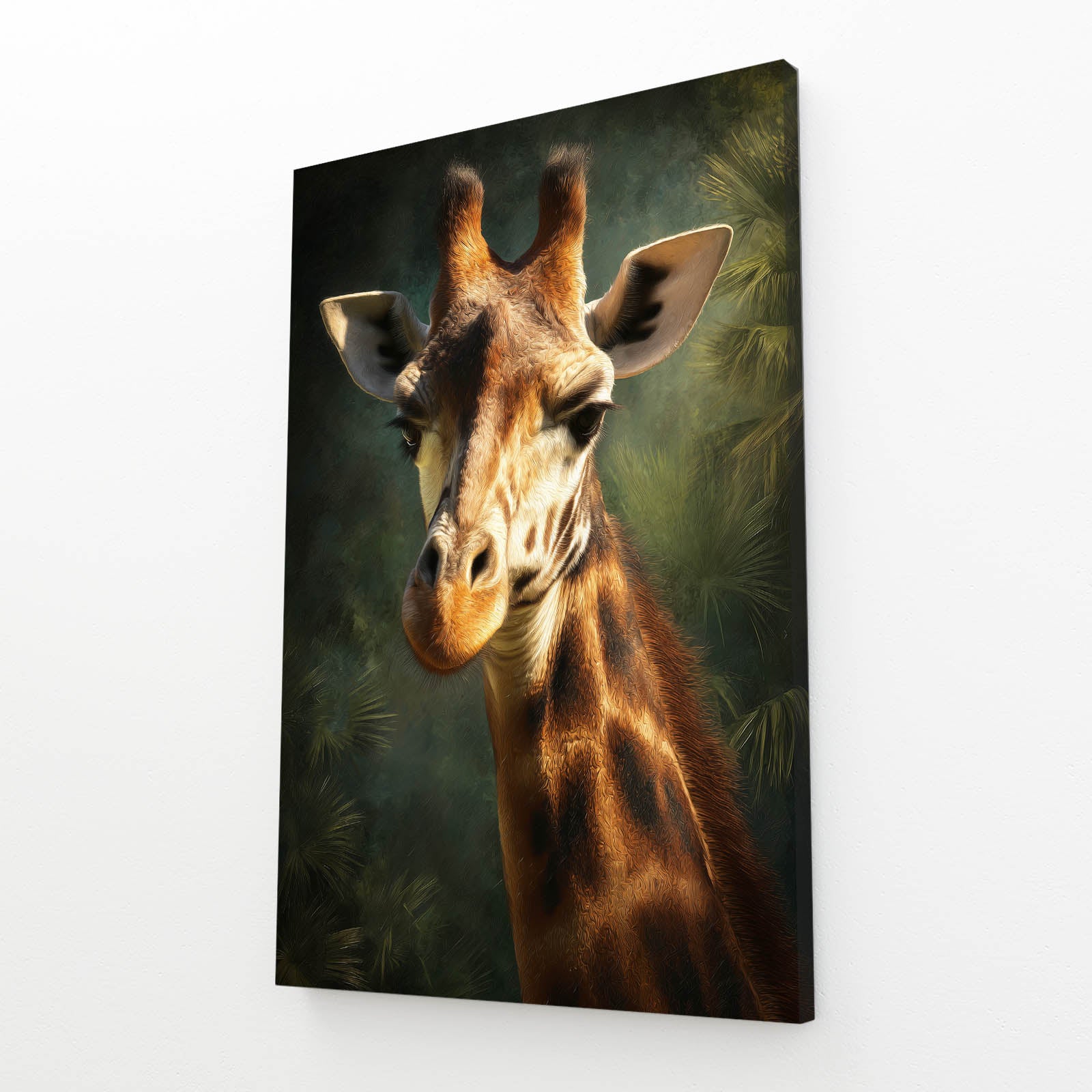 Canvas print of a giraffe with a green foliage background