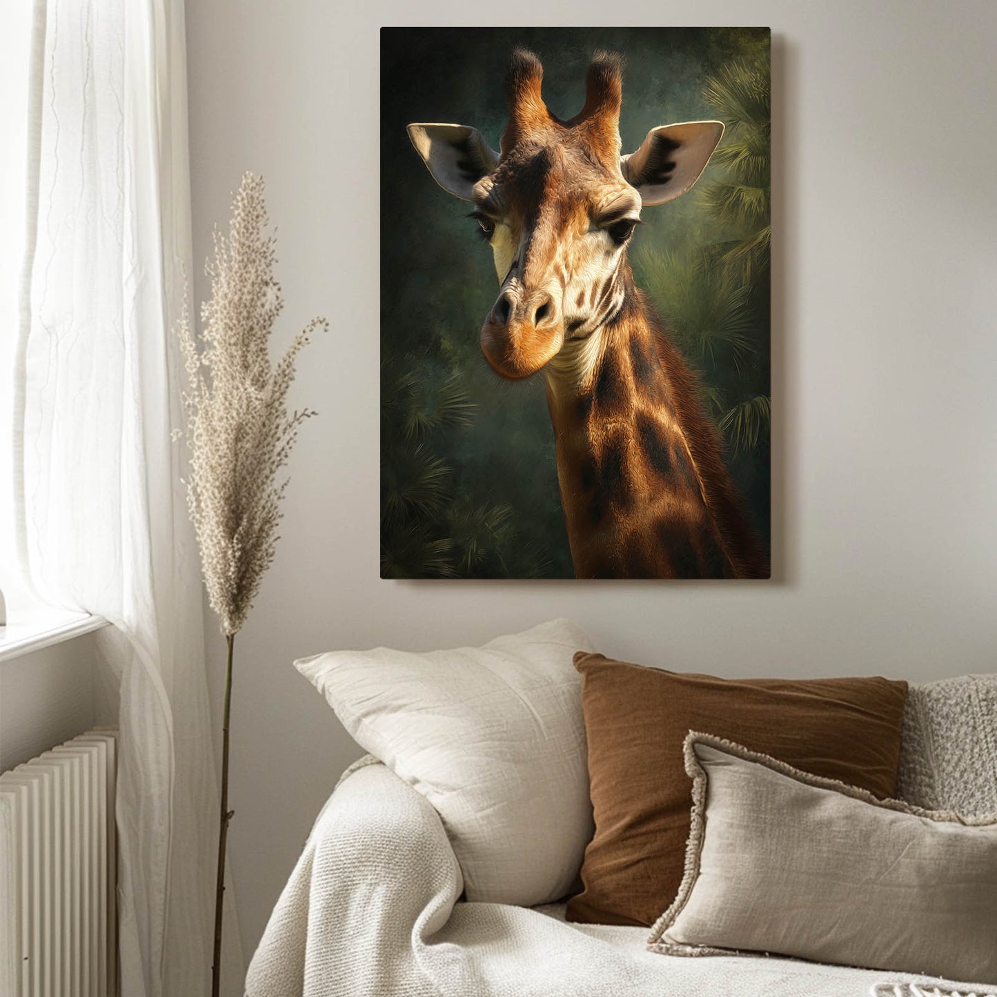 Giraffe painting on a wall above a sofa with decorative pillows