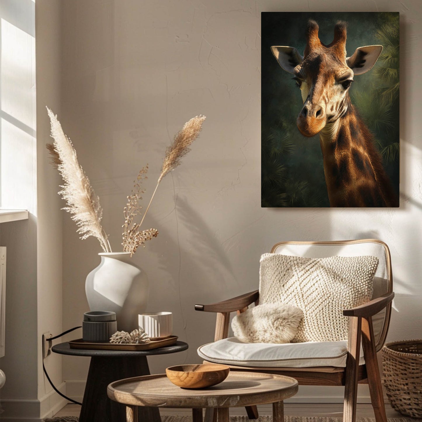 Living room with a giraffe painting on the wall, wooden chair, and decorative items.